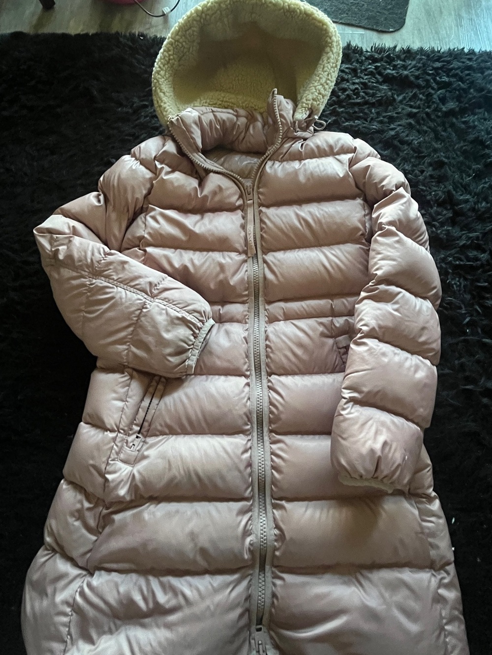 Coach Light Pink Quilted Puffer Coat with Sherpa Hood